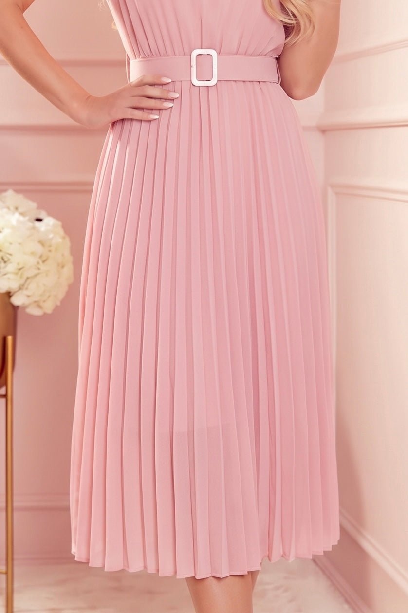 Robe Midi Plissée Avec Large Ceinture – Rose Poudré - Rosemode