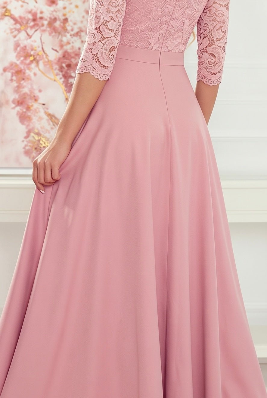 Robe Longue en Dentelle à Décolleté – Rose Poudré - Rosemode