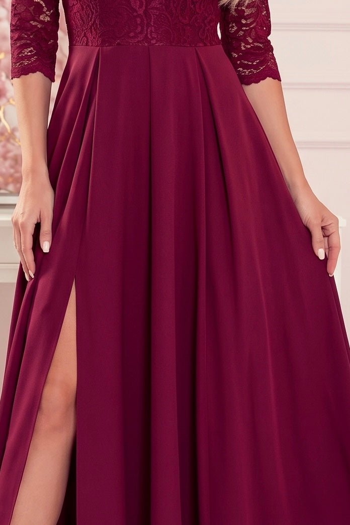 Robe Longue en Dentelle à Décolleté – Bordeaux - Rosemode