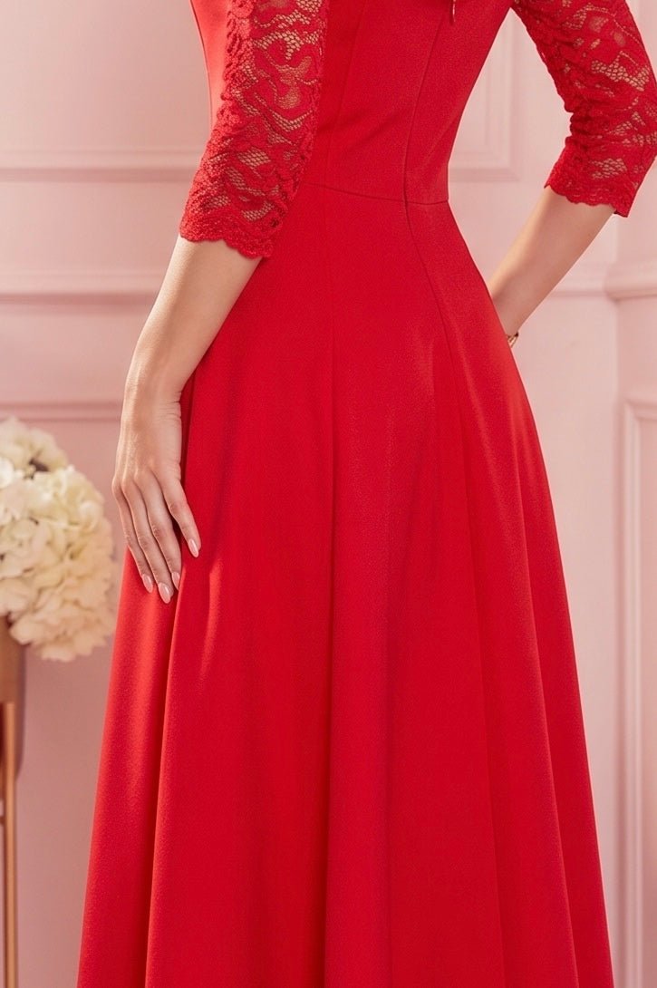 Robe Longue en Dentelle à Décolleté – Rouge - Rosemode