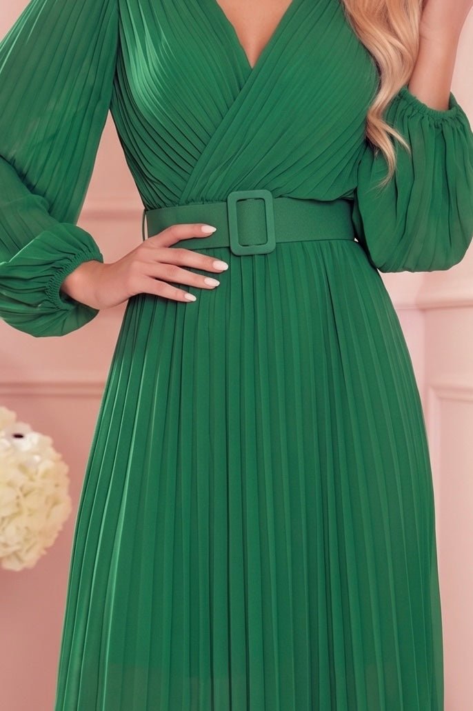 Robe Plissée Avec Ceinture et Décolleté – Vert - Rosemode