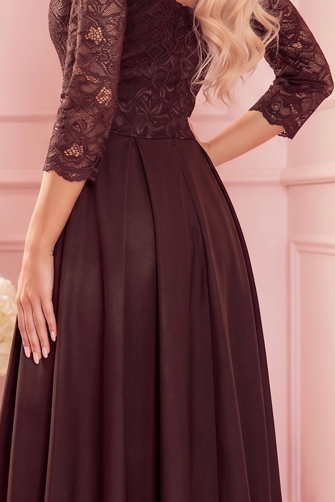 Robe Longue en Dentelle à Décolleté – Chocolat - Rosemode