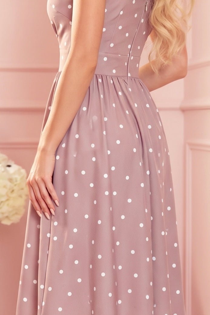 Robe Avec Décolleté et Manches Courtes – Beige à Pois - Rosemode