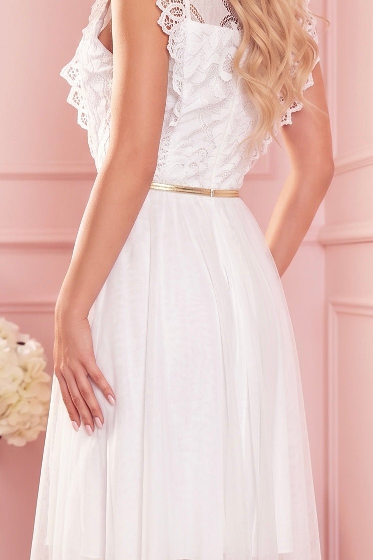 Robe en Dentelle à Ceinture Dorée – Blanc - Rosemode