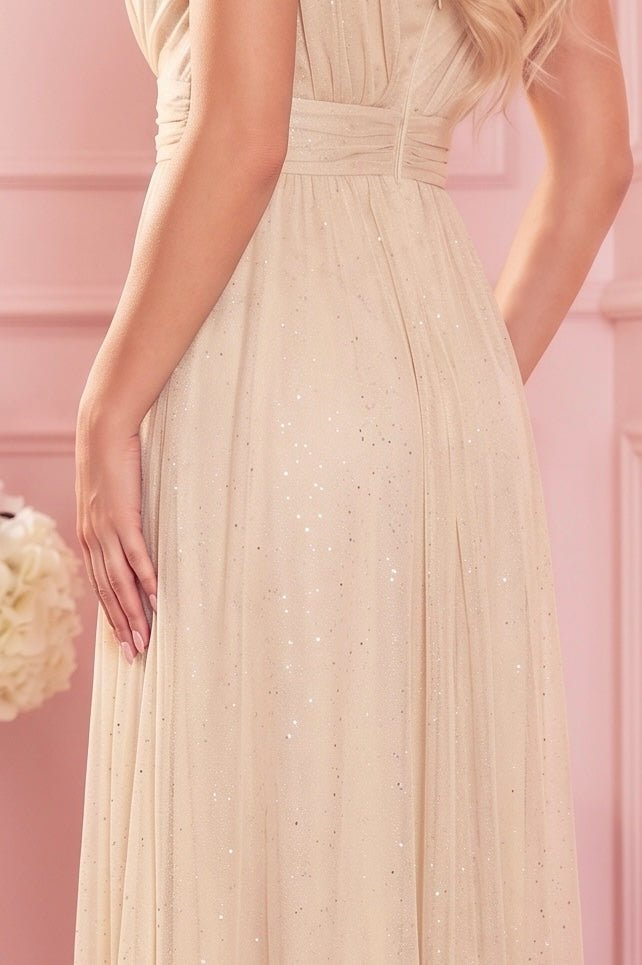 Robe Longue Pailletée avec Décolleté Profond – Beige - Rosemode