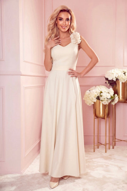 Robe Longue de Soirée Fendue à Fleurs – Beige - Rosemode