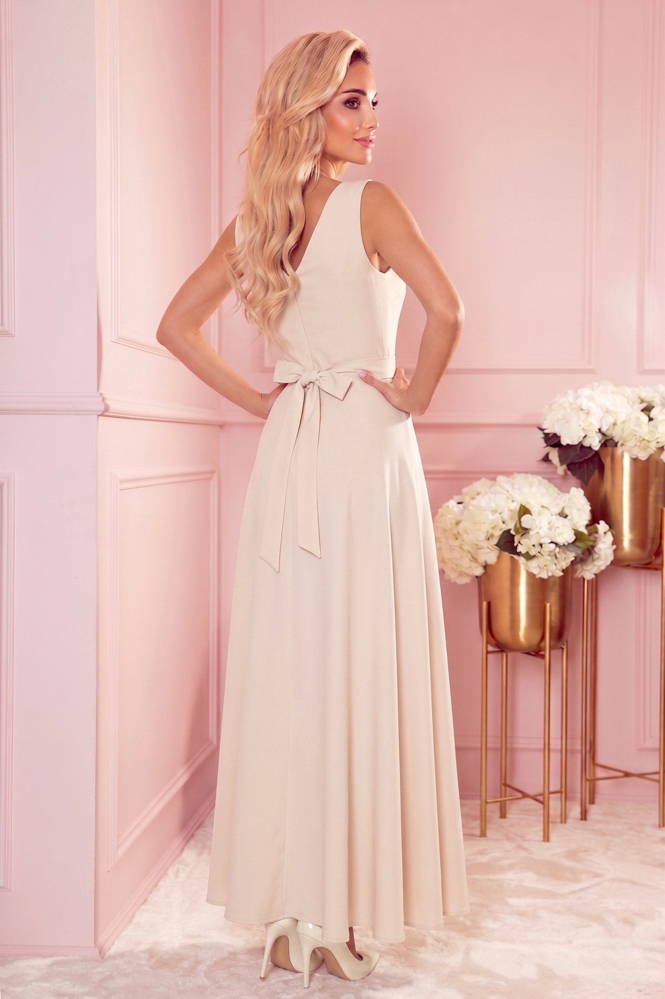 Robe Longue de Soirée Fendue à Fleurs – Beige - Rosemode