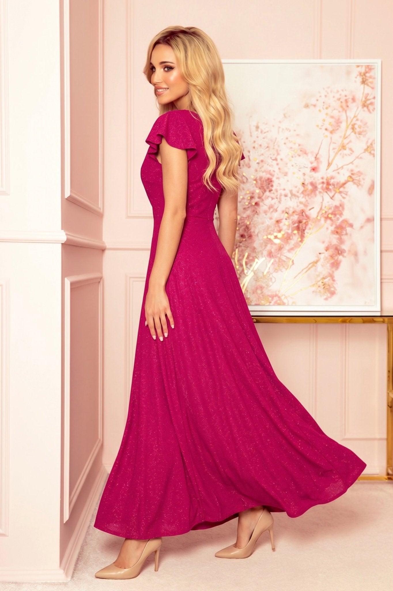 Robe Longue et Scintillante Avec Décolleté Enveloppant – Fuchsia - Rosemode