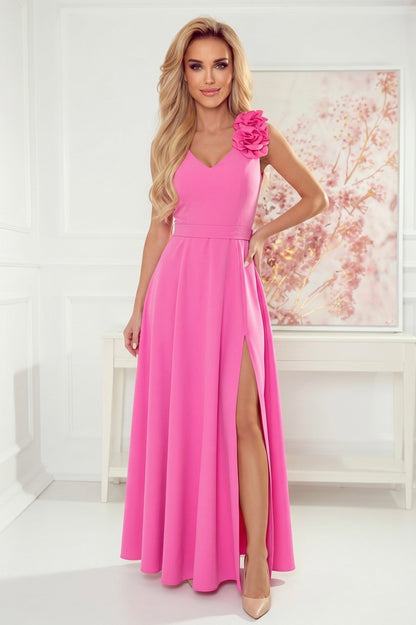 Robe Longue de Soirée Fendue à Fleurs – Rose Bonbon - Rosemode