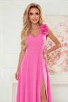 Robe Longue de Soirée Fendue à Fleurs – Rose Bonbon