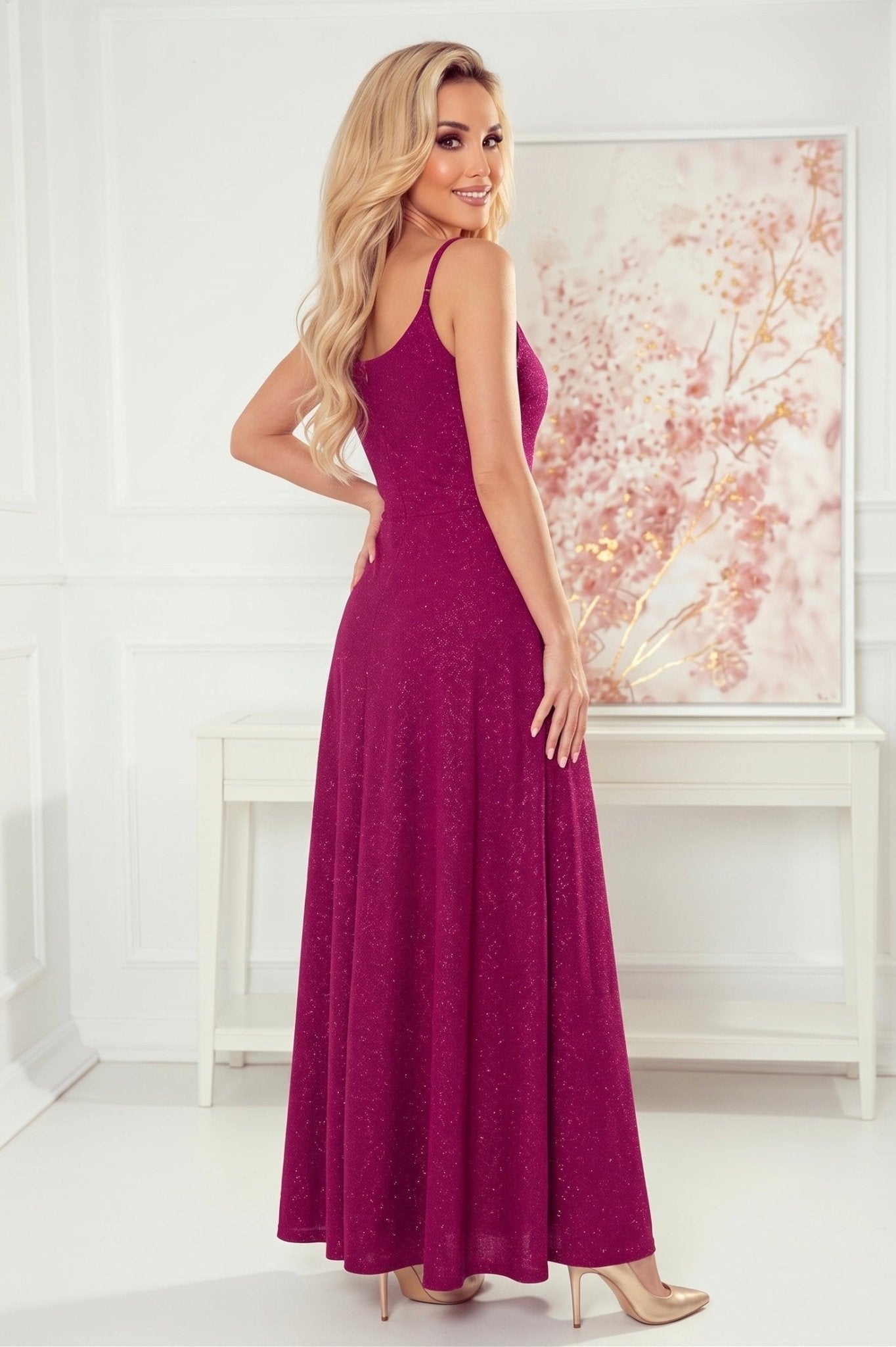 Robe Maxi Scintillante à Bretelles – Brocard Fuchsia Pailleté - Rosemode