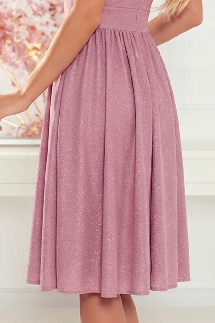 Robe Avec Décolleté et Manches Courtes – Rose Poudré Pailleté - Rosemode