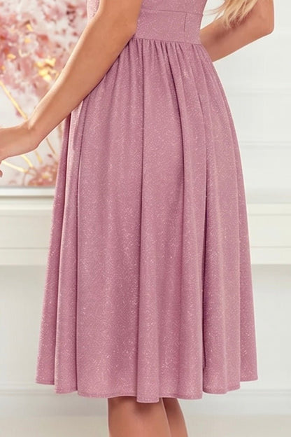 Robe Avec Décolleté et Manches Courtes – Rose Poudré Pailleté - Rosemode