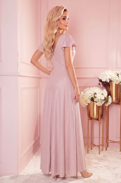 Robe Longue et Scintillante Avec Décolleté Enveloppant – Rose Nude - Rosemode