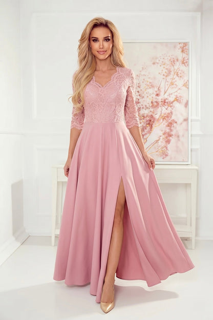 Robe Longue en Dentelle à Décolleté – Rose Poudré - Rosemode