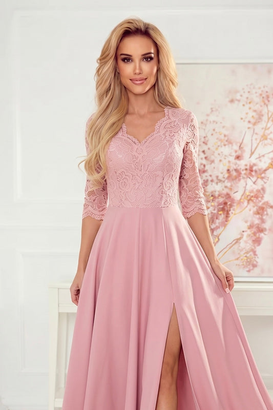 Robe Longue en Dentelle à Décolleté – Rose Poudré - Rosemode