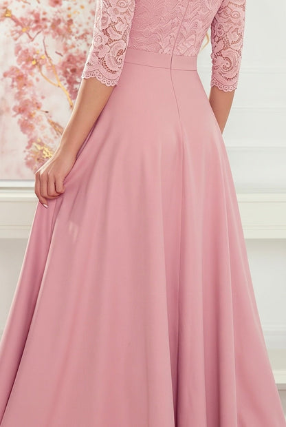 Robe Longue en Dentelle à Décolleté – Rose Poudré - Rosemode
