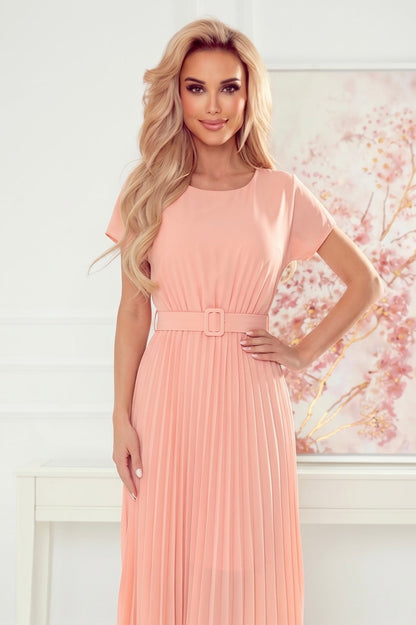 Robe Midi Plissée Avec Large Ceinture – Pêche - Rosemode