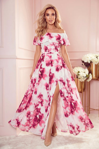 Robe Longue Volantée – Grandes Fleurs Roses - Rosemode