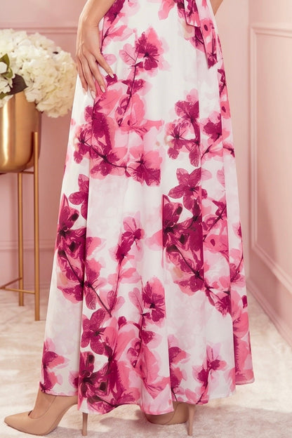 Robe Longue Volantée – Grandes Fleurs Roses - Rosemode