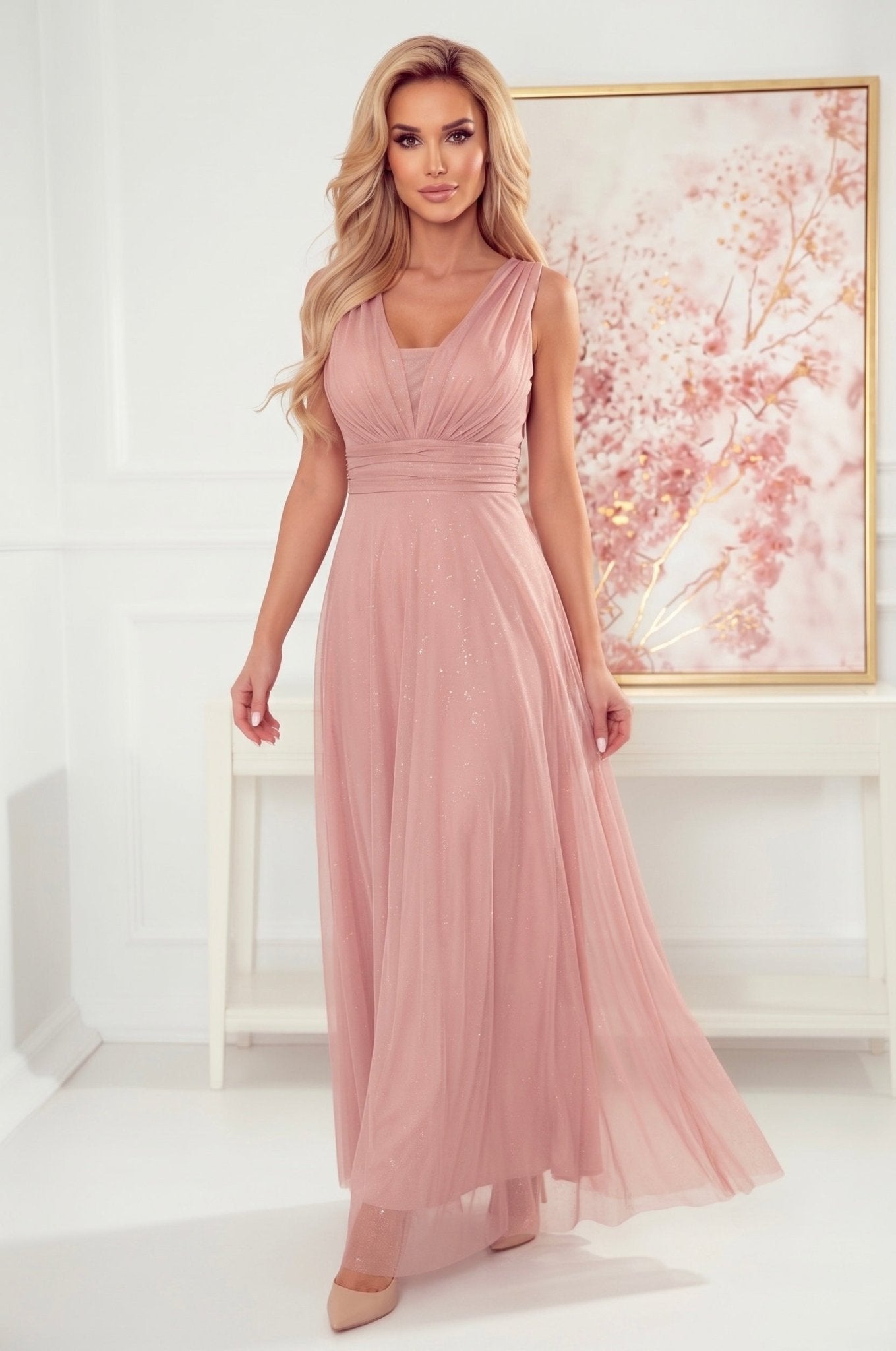Robe Longue Pailletée avec Décolleté Profond – Rose Poudré - Rosemode