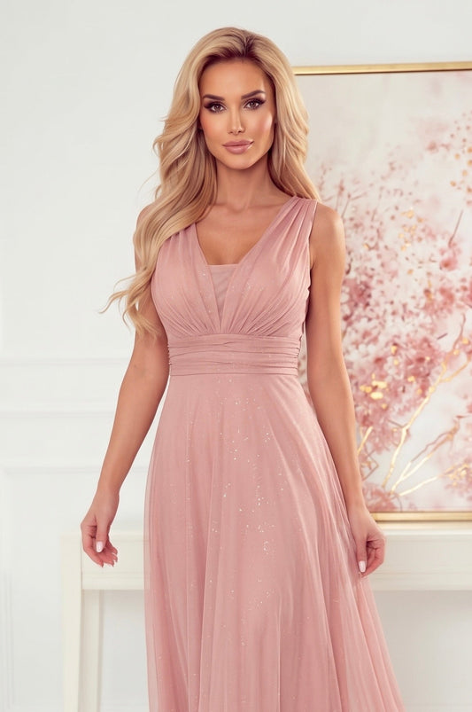 Robe Longue Pailletée avec Décolleté Profond – Rose Poudré - Rosemode