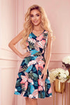 Robe Évasée à Décolleté Cœur – Marine et Feuilles Roses