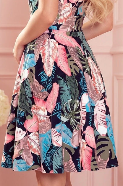 Robe Évasée à Décolleté Cœur – Marine et Feuilles Roses - Rosemode