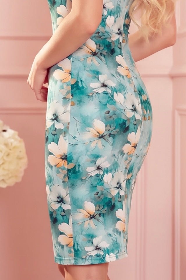 Robe Fleurie à Décolleté Enveloppant – Turquoise - Rosemode