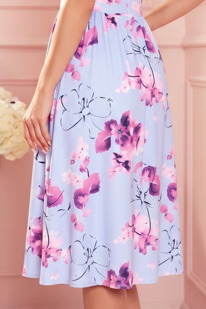 Robe Avec Décolleté et Manches Courtes – Bleu Fleurie - Rosemode
