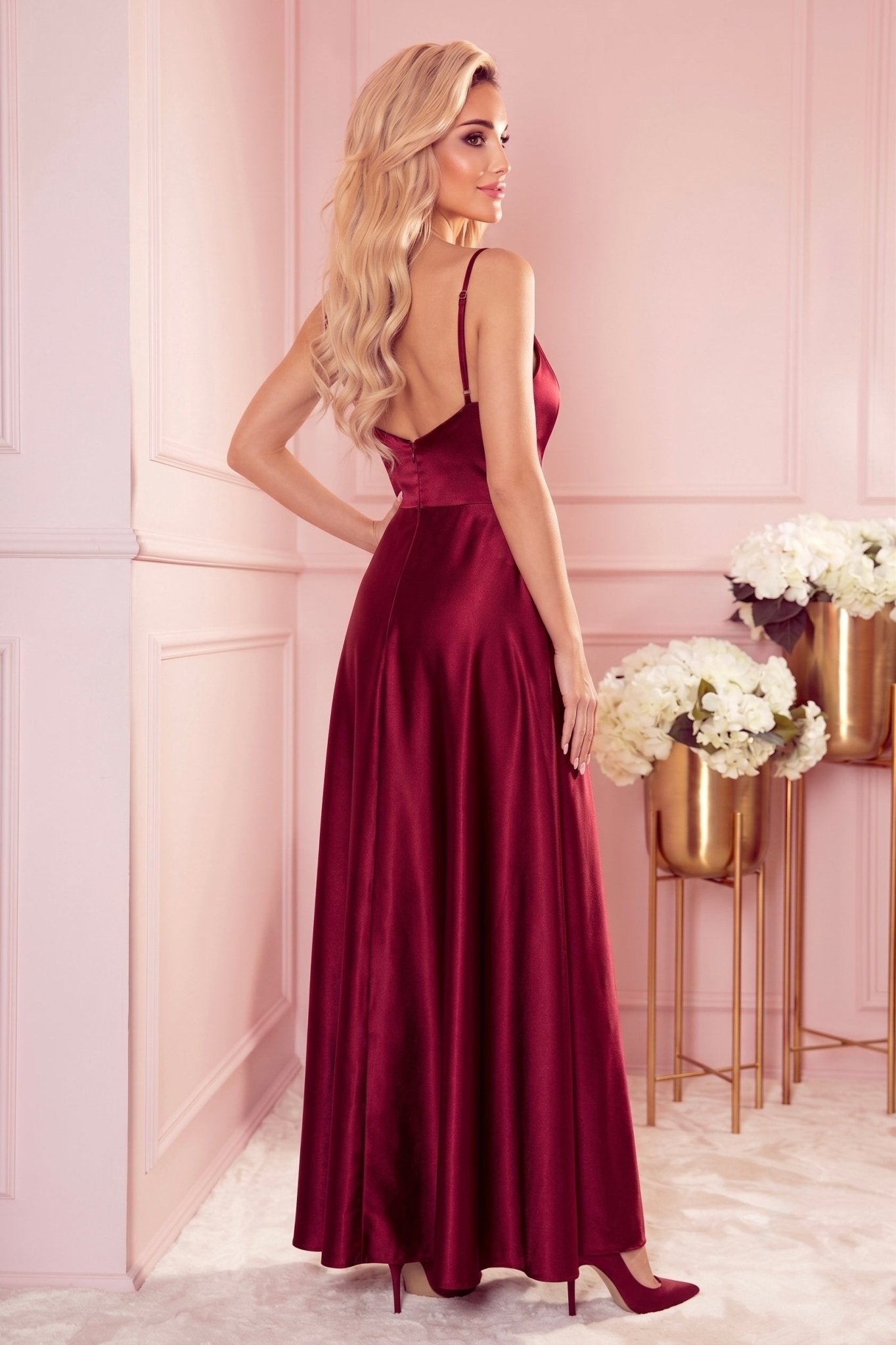 Robe Maxi en Satin à Bretelles – Bordeaux - Rosemode