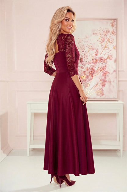 Robe Longue en Dentelle à Décolleté – Bordeaux - Rosemode
