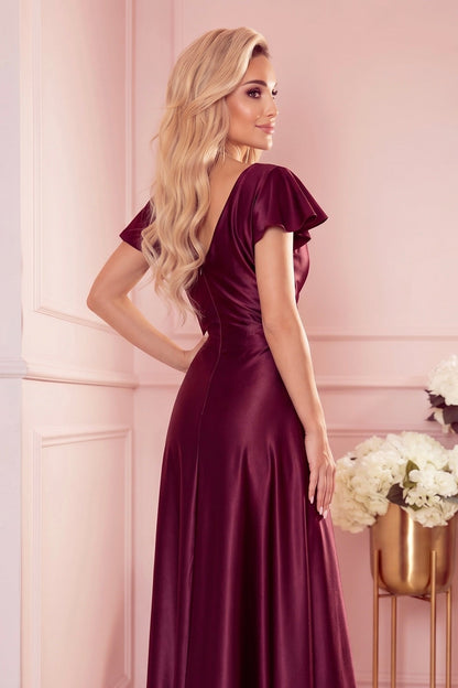 Robe Longue en Satin Avec Décolleté Enveloppant – Bordeaux - Rosemode