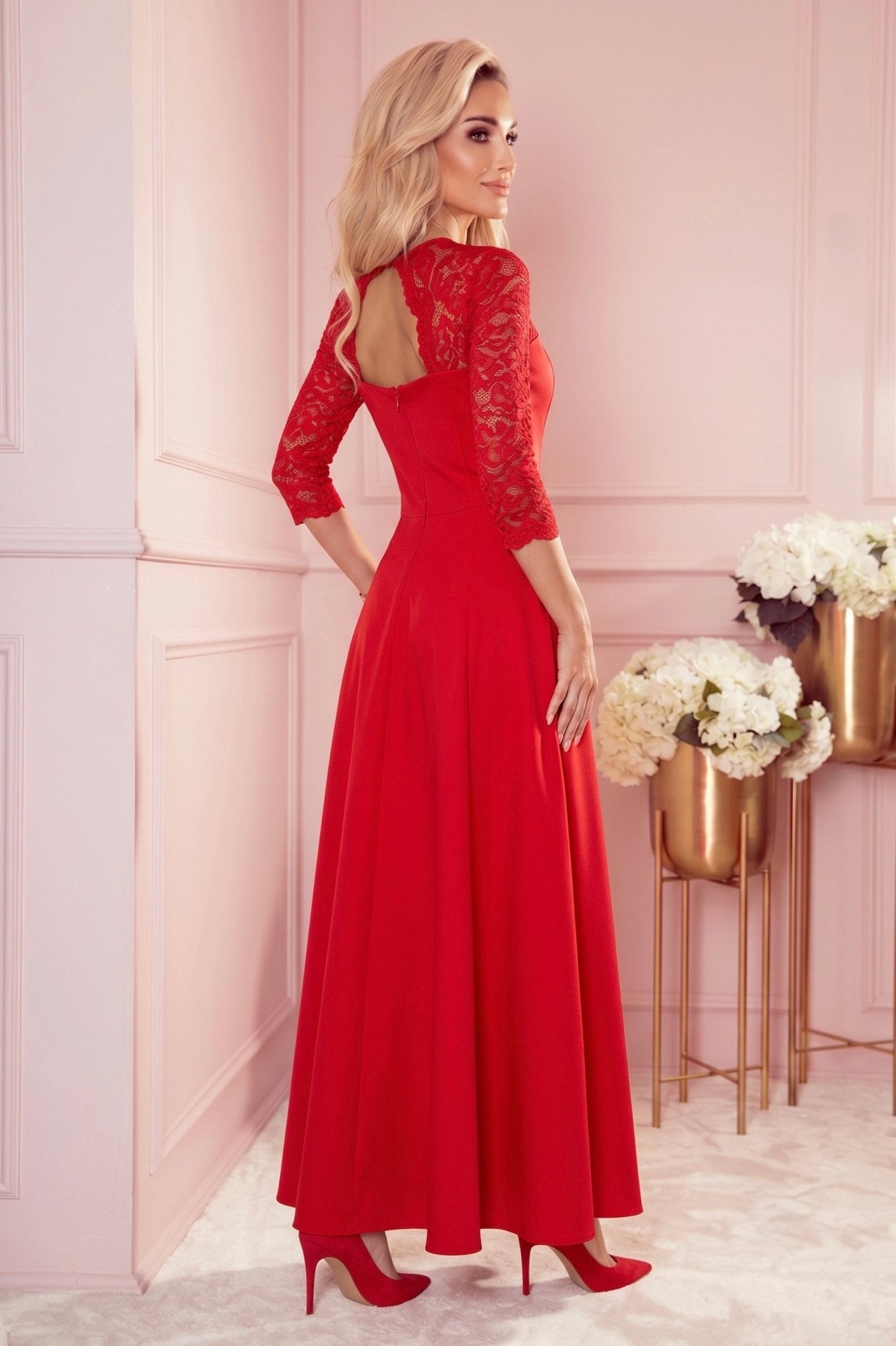 Robe Longue en Dentelle à Décolleté – Rouge - Rosemode