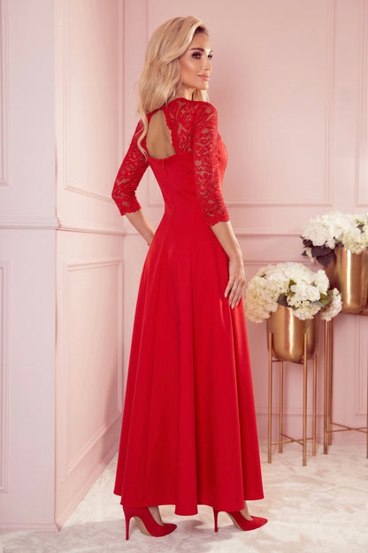 Robe Longue en Dentelle à Décolleté – Rouge - Rosemode
