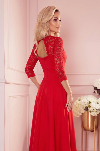 Robe Longue en Dentelle à Décolleté – Rouge - Rosemode