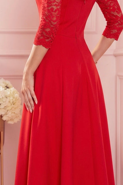 Robe Longue en Dentelle à Décolleté – Rouge - Rosemode