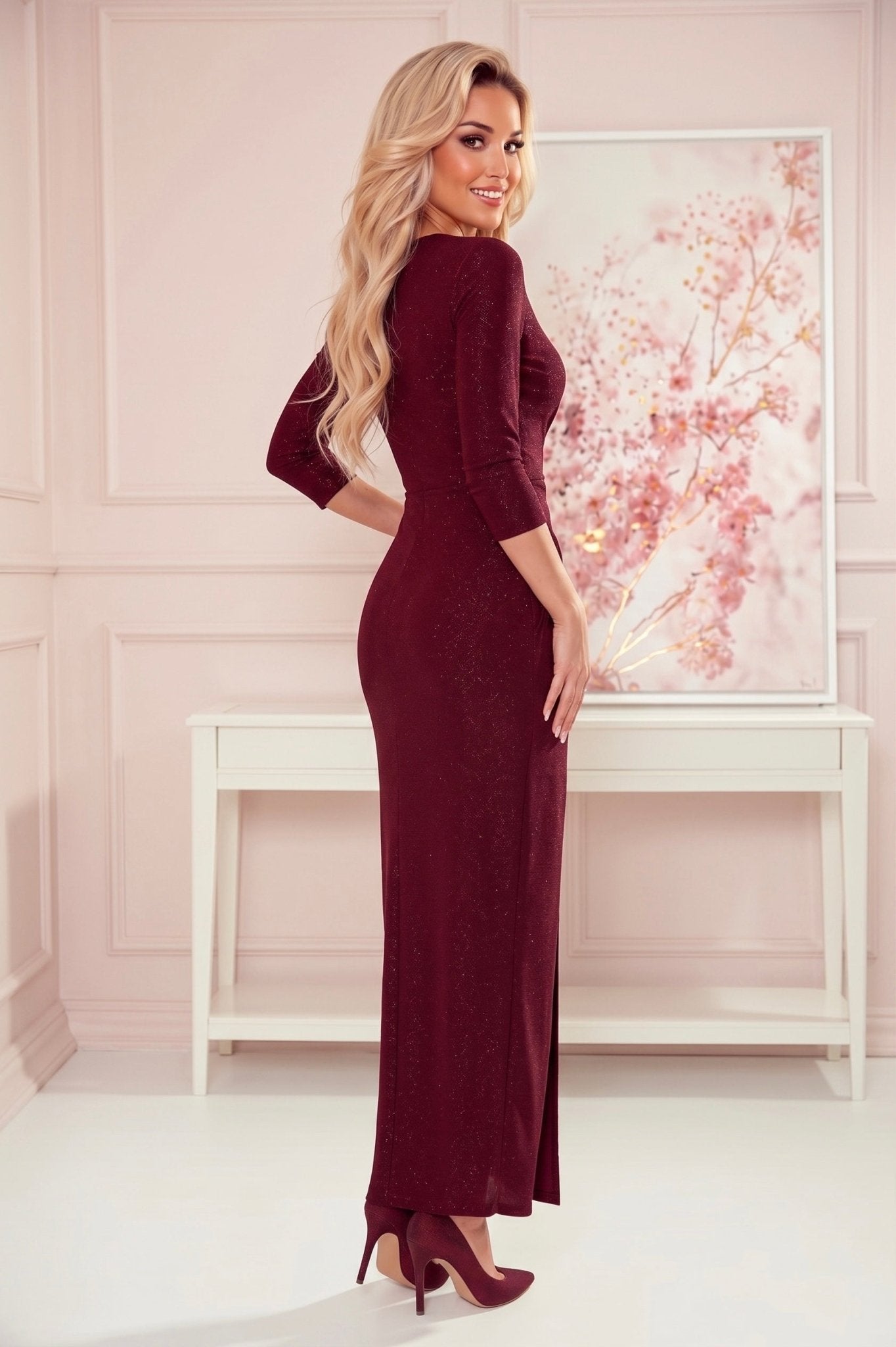 Robe Longue Fendue et Scintillante – Bordeaux Pailleté - Rosemode