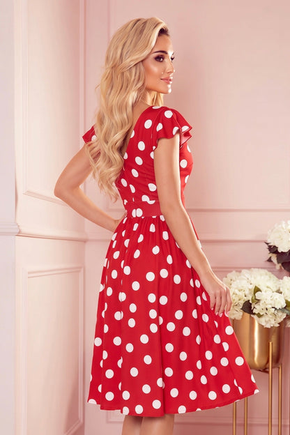 Robe Avec Décolleté et Manches Courtes – Bordeaux à Pois - Rosemode