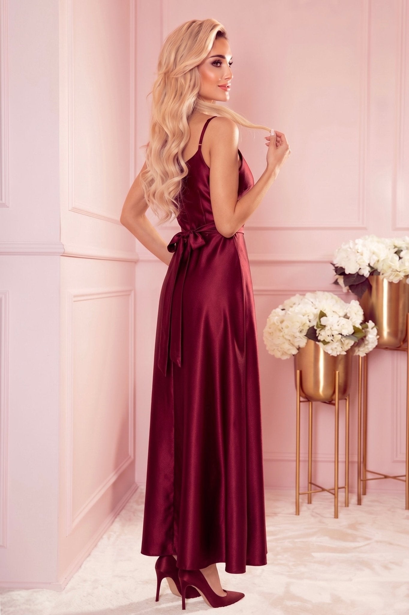 Robe Maxi Longue En Satin Fendue – Bordeaux - Rosemode