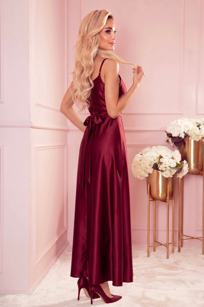 Robe Maxi Longue En Satin Fendue – Bordeaux - Rosemode