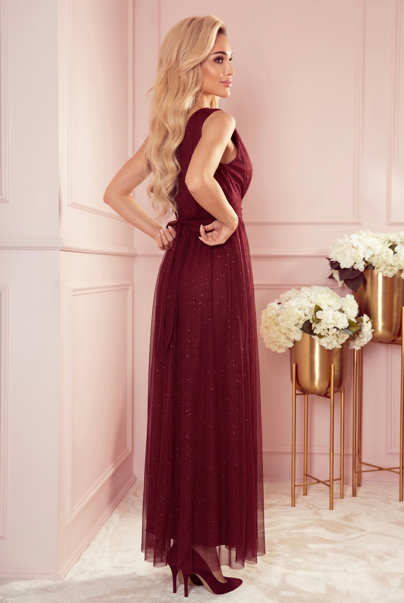 Robe Longue Pailletée avec Décolleté Profond – Bordeaux - Rosemode