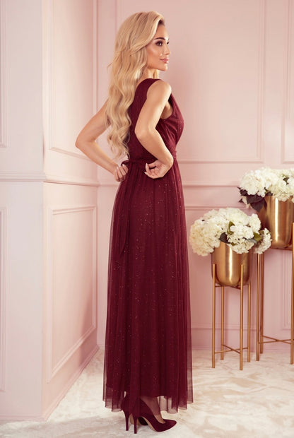 Robe Longue Pailletée avec Décolleté Profond – Bordeaux - Rosemode