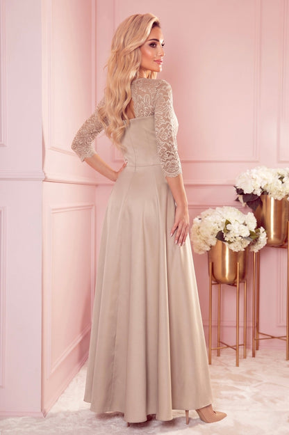 Robe Longue en Dentelle à Décolleté – Beige - Rosemode