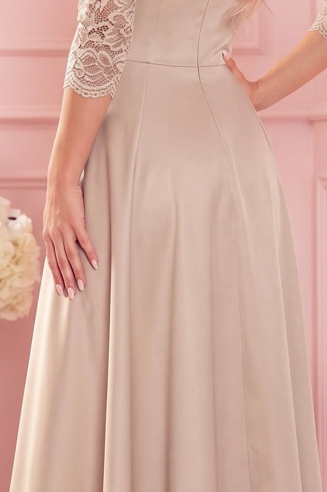 Robe Longue en Dentelle à Décolleté – Beige - Rosemode