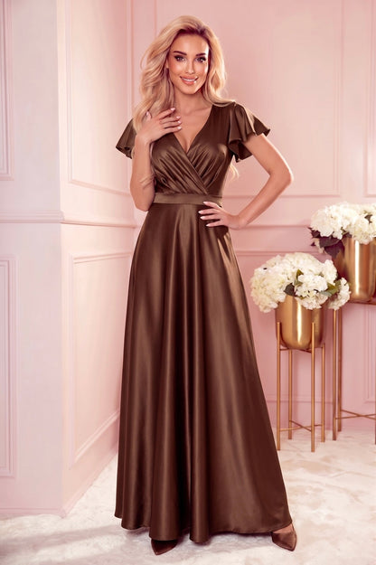 Robe Longue en Satin Avec Décolleté Enveloppant – Moka - Rosemode