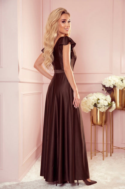 Robe Longue en Satin Avec Décolleté Enveloppant – Chocolat - Rosemode