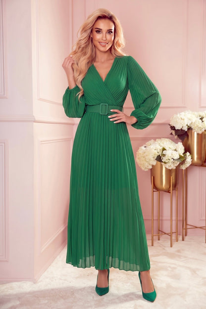 Robe Plissée Avec Ceinture et Décolleté – Vert - Rosemode