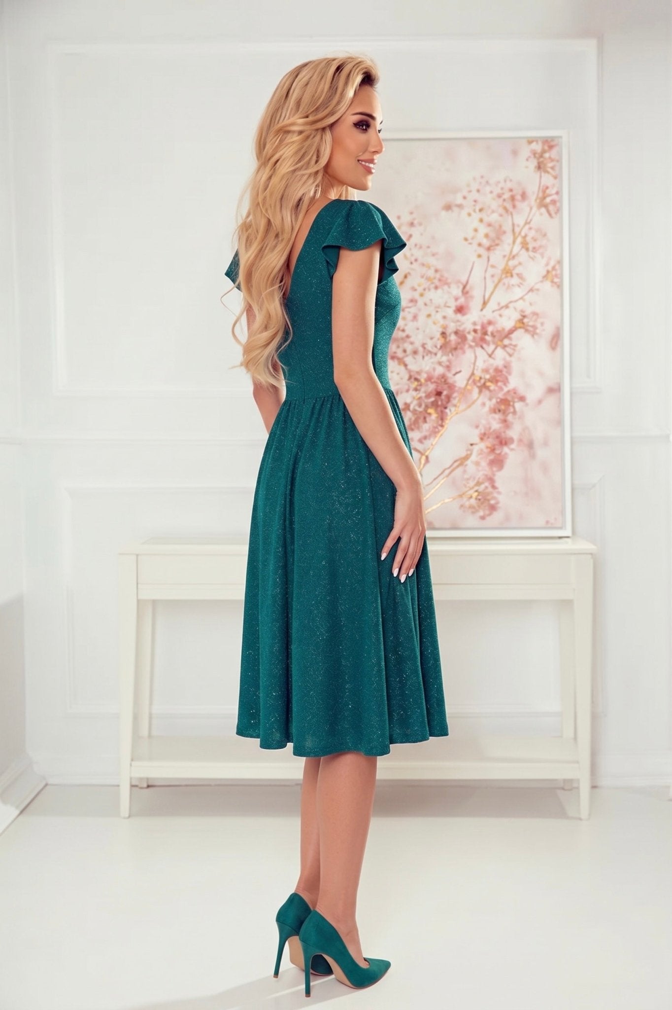 Robe Avec Décolleté et Manches Courtes – Vert Pailleté - Rosemode