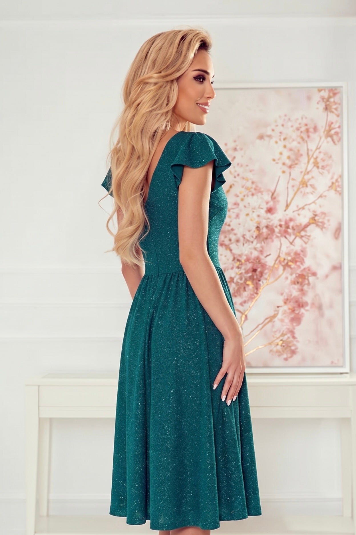 Robe Avec Décolleté et Manches Courtes – Vert Pailleté - Rosemode